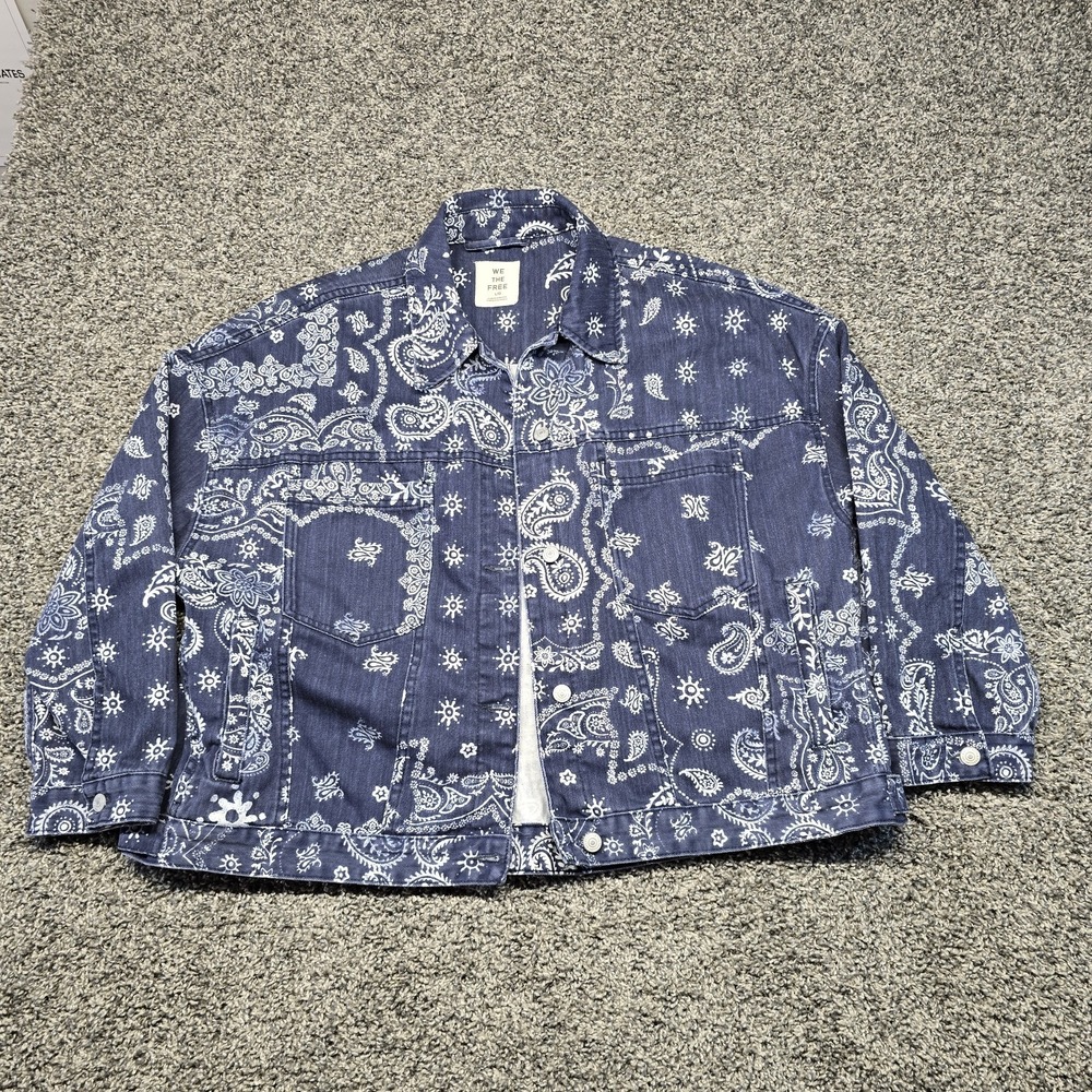 Free People We The Free Opal Swing Denim Jacket Women Size Large Boho Paisley